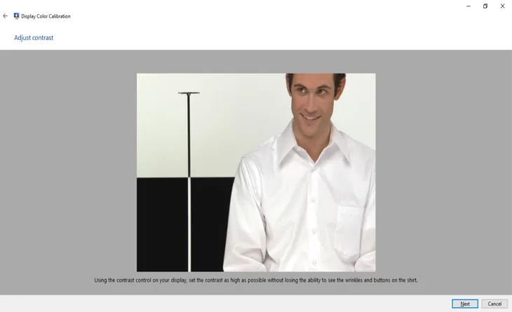 Điều chỉnh độ tương phản (Contrast) trên màn hình máy tính bằng menu OSD theo hướng dẫn của Windows Calibrator.