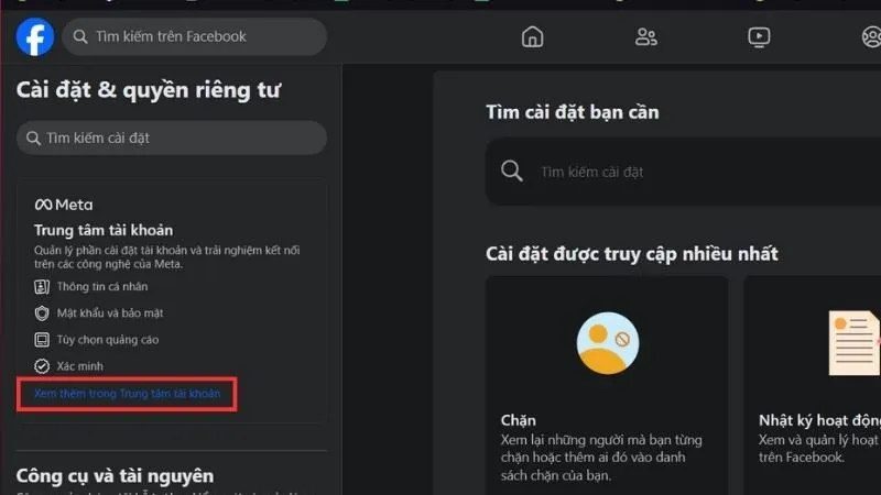 Truy cập Trung tâm Tài khoản Meta để đổi tên Facebook