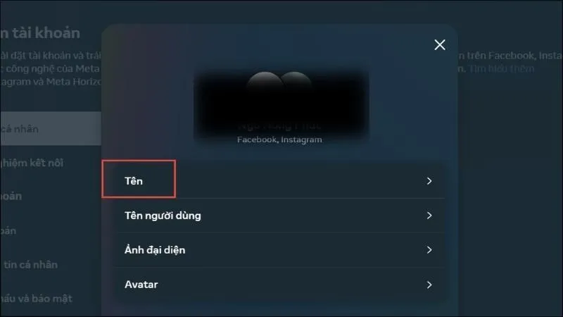 Chọn mục Tên để bắt đầu thay đổi thông tin