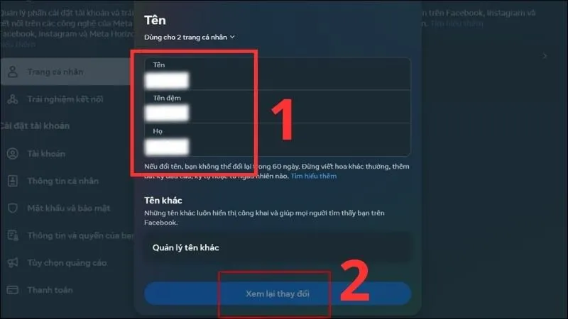 Tiến hành nhập tên Facebook mới và Xem lại thay đổi