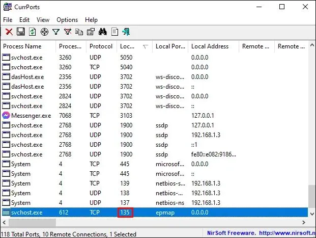 Cửa sổ chi tiết thông tin cổng và tiến trình trong NirSoft CurrPorts
