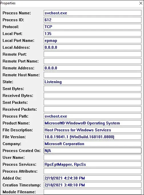 Ví dụ thông tin chi tiết về cổng 135 (CIFS) được kiểm tra bằng NirSoft CurrPorts