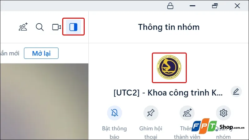 Lấy Link Zalo Nhóm trên PC: Chọn biểu tượng Thông tin hội thoại