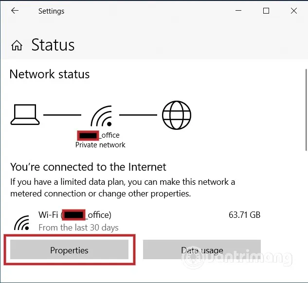 Alt text mô tả giao diện Settings trên Windows 10/11, nơi người dùng nhấp vào Properties để xem thông tin cấu hình mạng và địa chỉ IP
