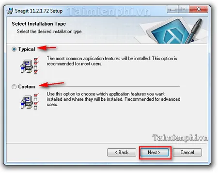 Lựa chọn chế độ Typical hoặc Custom khi thực hiện cách cài ảnh màn hình máy tính
