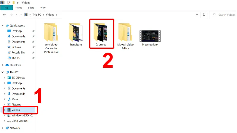 Thư mục Captures nơi lưu trữ video sau khi quay màn hình máy tính