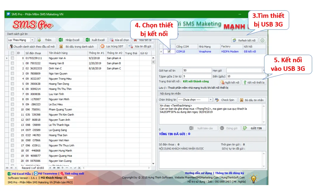 Cấu hình và kết nối USB 3G với phần mềm gửi tin nhắn hàng loạt trên máy tính.