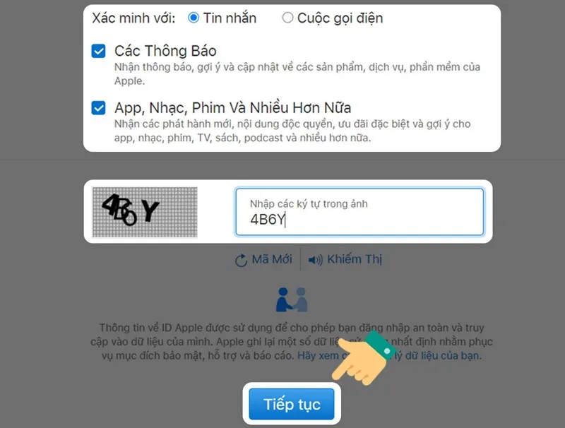 Nhấn tiếp tục để tạo Apple ID