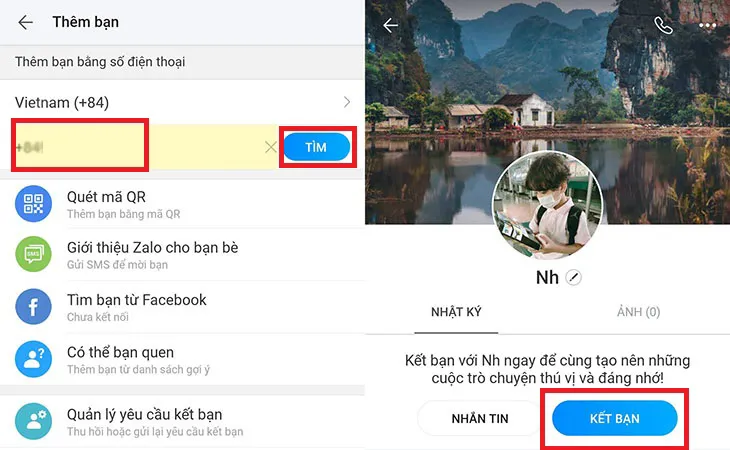 Nhập Số điện thoại của người bạn muốn kết bạn trên Zalo và ấn Tìm