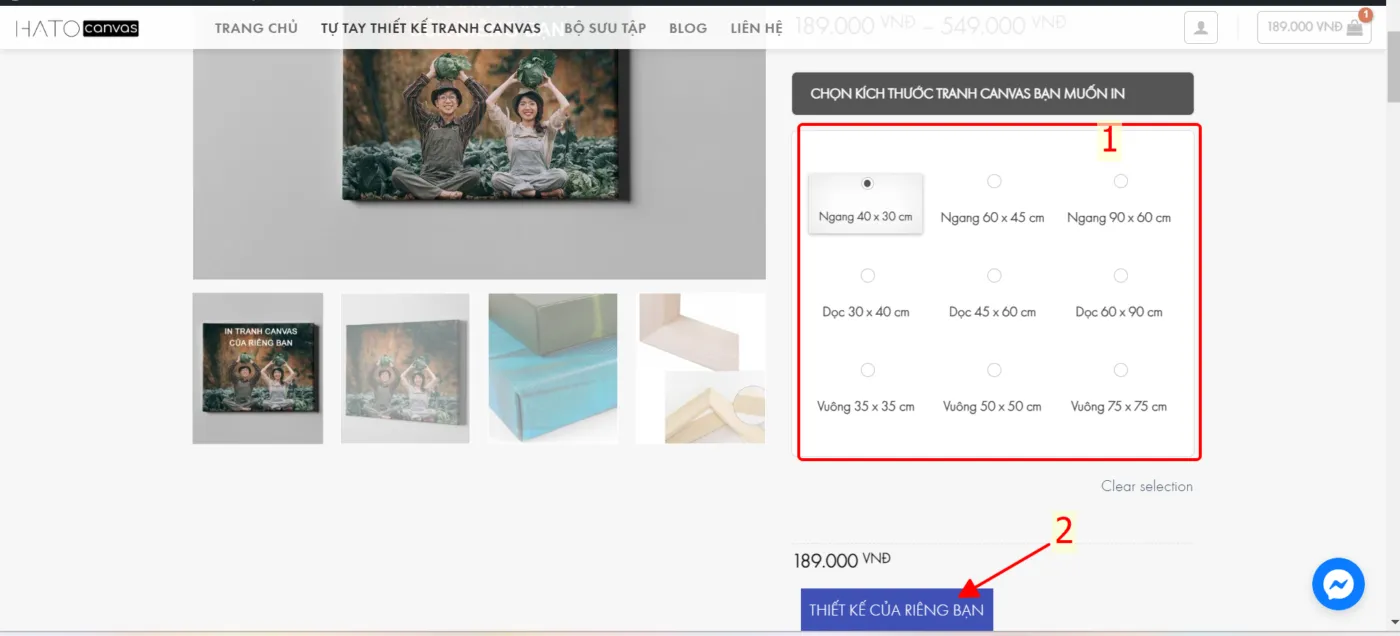 Hình ảnh minh họa màn hình thiết kế trực tuyến, cho phép người dùng tùy chỉnh kích thước và tải lên hình ảnh