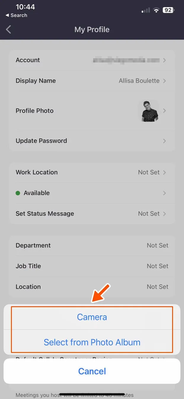 Lựa chọn nguồn ảnh (chụp mới hoặc từ thư viện) trên Zoom mobile