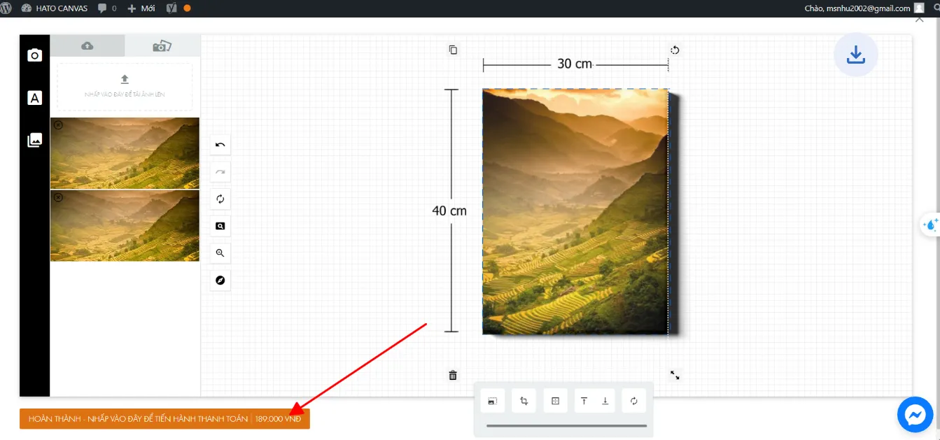 Minh họa nút "Thêm vào giỏ hàng" sau khi hoàn tất thiết kế và cấu hình in tranh