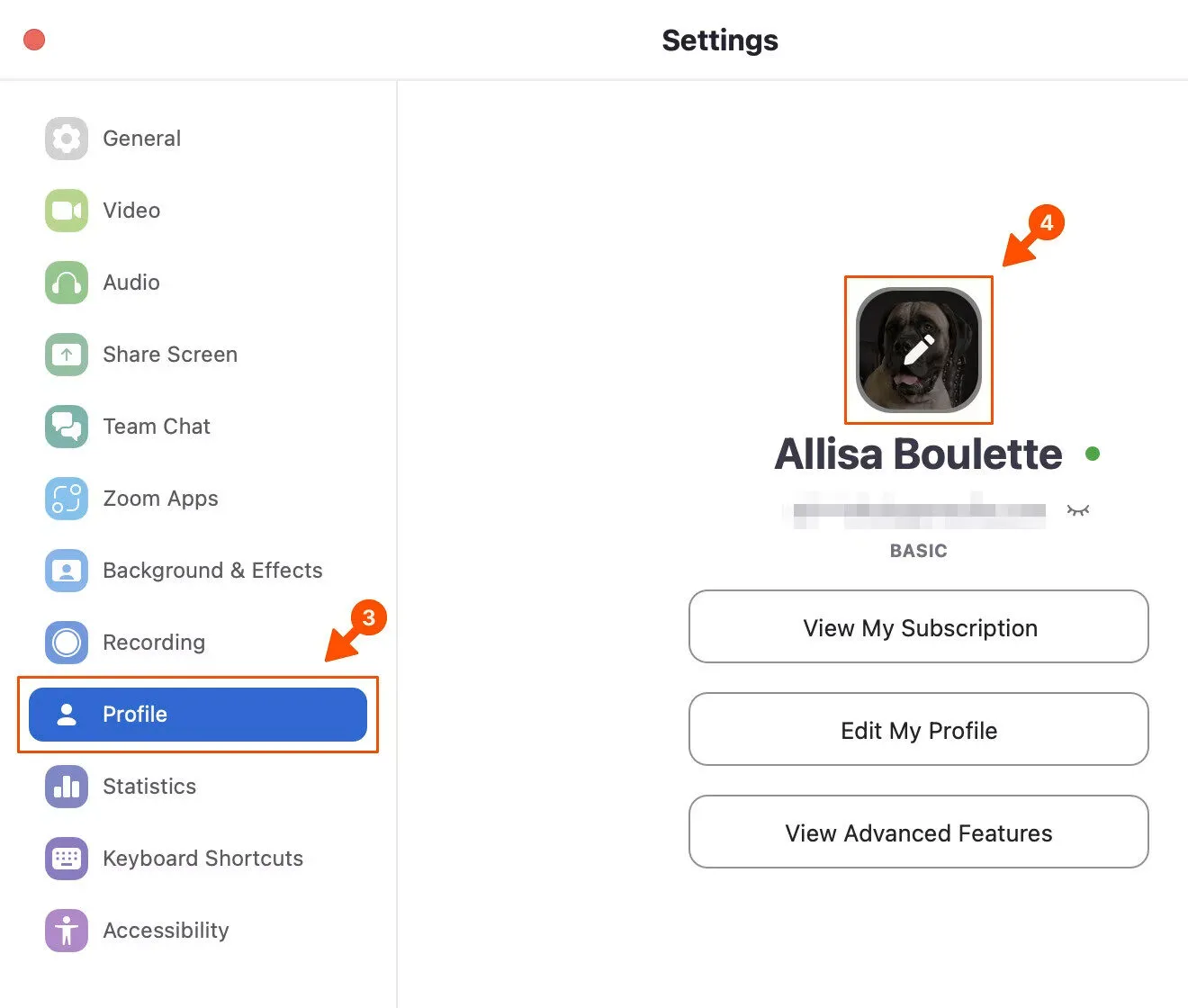 Giao diện mục Profile trong Settings của Zoom