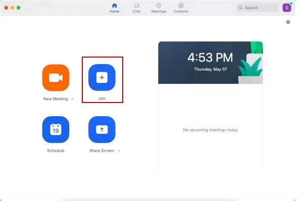 Nút Tham gia (Join) trên giao diện chính của ứng dụng Zoom trên máy tính