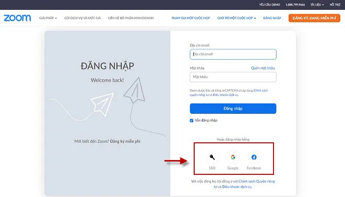 Các tùy chọn đăng ký hoặc đăng nhập tài khoản Zoom