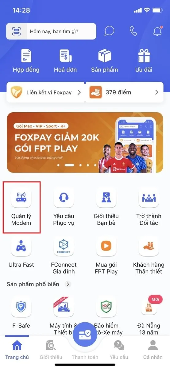 Sau khi đăng nhập thành công, chọn Quản lý modem