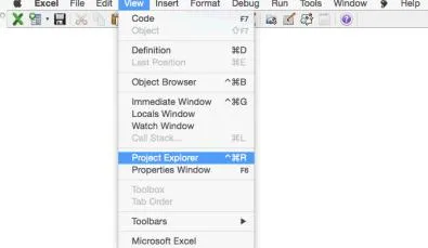 Thao tác mở cửa sổ Project Explorer thông qua Menu View trong Visual Basic Editor, minh họa cách mở cửa sổ trên máy tính cho người mới học VBA.