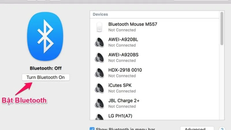 Hình ảnh minh họa kích hoạt Turn Bluetooth On