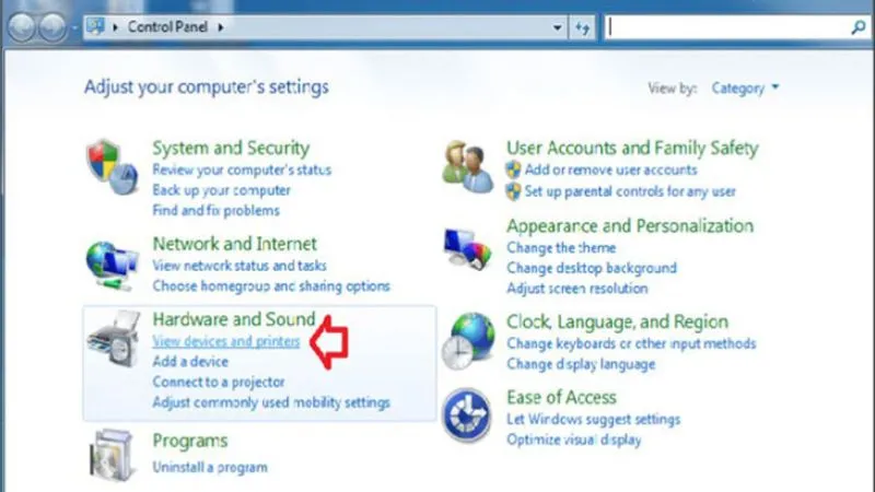 Hình ảnh minh họa truy cập Devices & Printers trên Win 7