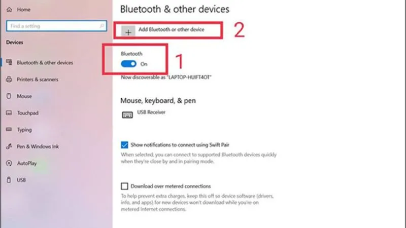 Hình ảnh minh họa bật Bluetooth và chọn Add Bluetooth or other device