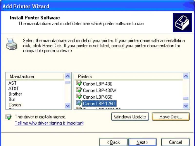 Lựa chọn Manufacture (hãng sản xuất) và Printers (model máy in) trong cửa sổ cài đặt driver máy in trên Windows.