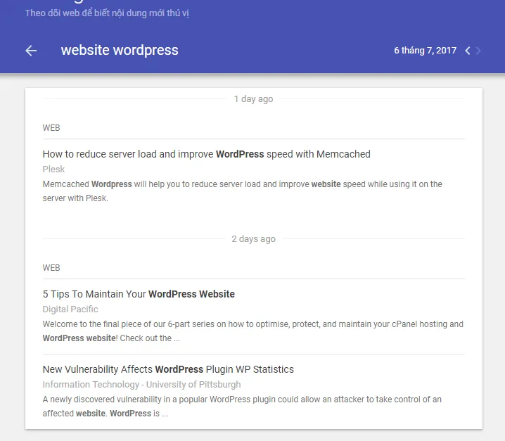 Ví dụ về kết quả truy vấn tìm kiếm thông tin bằng Google Alerts