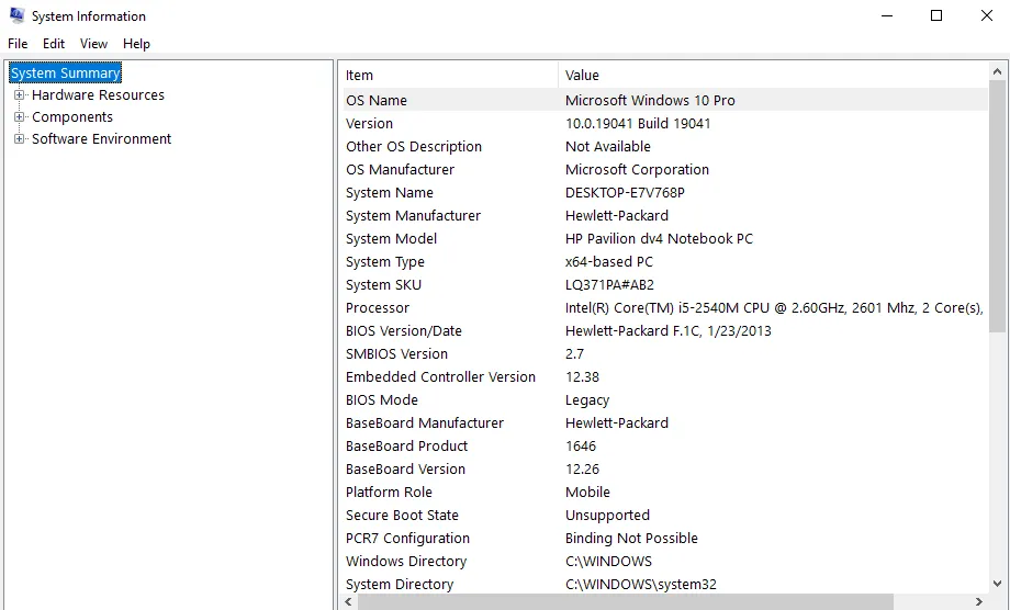 Sử dụng lệnh msinfo32 để mở cửa sổ System Information và xem thông số kỹ thuật máy tính