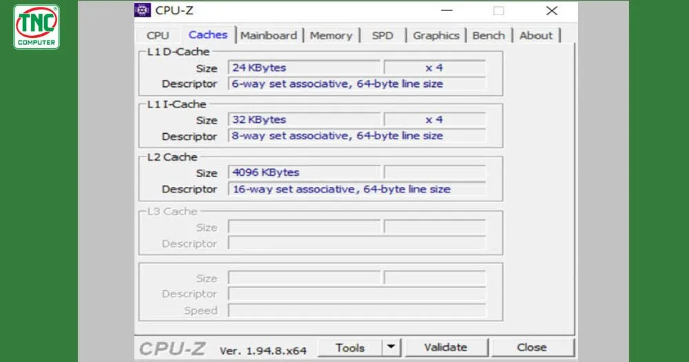 Tab Caches trong CPU-Z cung cấp chi tiết về bộ nhớ đệm L1, L2, L3 của bộ vi xử lý.