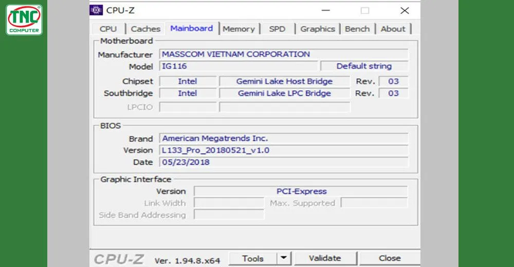 Tab Mainboard của CPU-Z hiển thị thông tin chi tiết về nhà sản xuất, model bo mạch chủ và phiên bản BIOS.