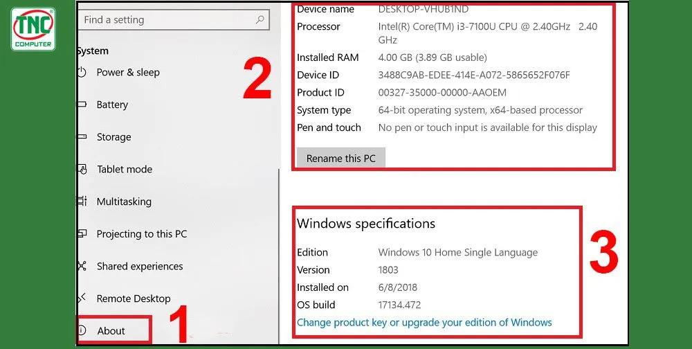 Giao diện About hiển thị thông tin chi tiết về bộ xử lý CPU, phiên bản hệ điều hành và dung lượng RAM đã cài đặt.