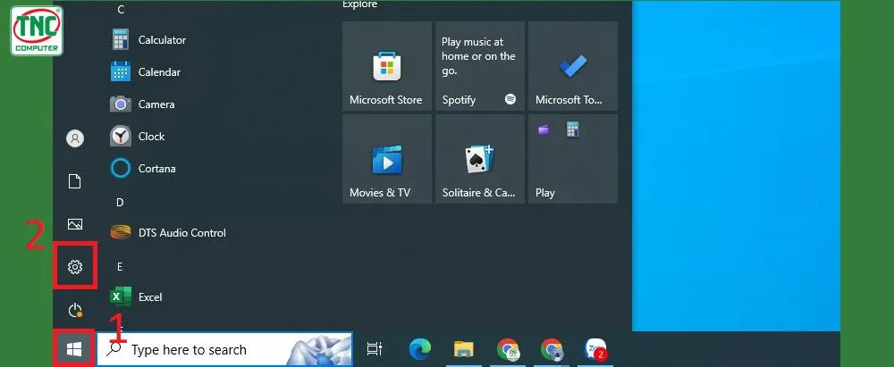Bước mở Settings từ menu Start trong Windows 10 để truy cập thông tin cấu hình.