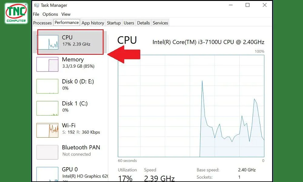 Chi tiết về CPU trong Task Manager, hiển thị tên, xung nhịp cơ bản (Base Speed), và số nhân/luồng.