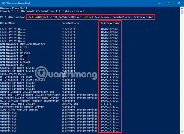 Kết quả truy vấn phiên bản driver sử dụng lệnh Get-WmiObject Win32 PnPSignedDriver trong PowerShell