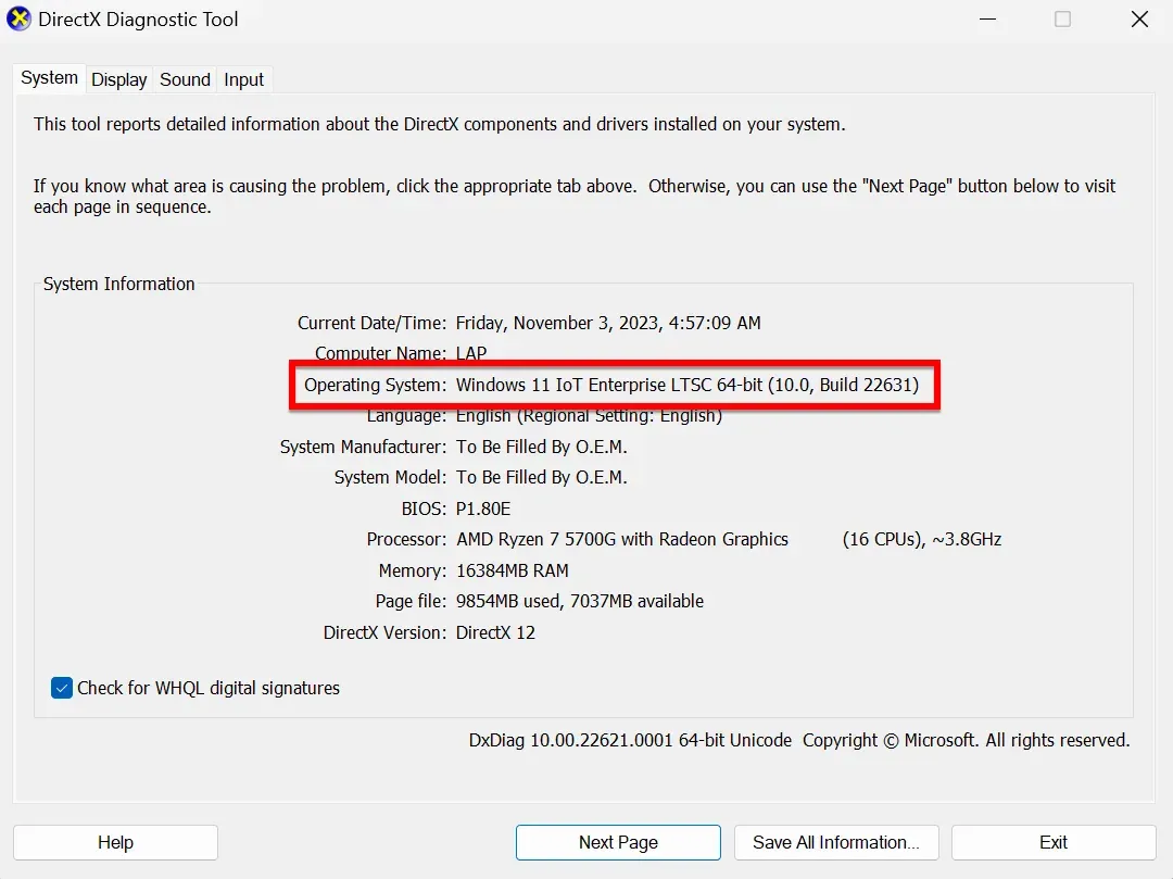 Giao diện DirectX Diagnostic Tool hiển thị hệ điều hành tại mục Operating System