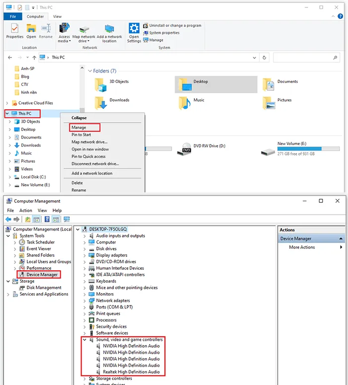 Kiểm tra sự hiện diện của driver âm thanh trong mục Device Manager