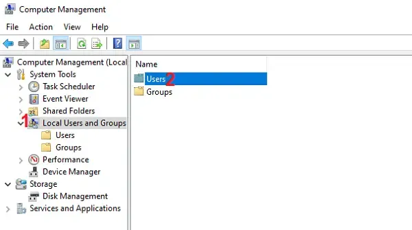 Chọn mục Local Users and Groups sau đó mở thư mục User