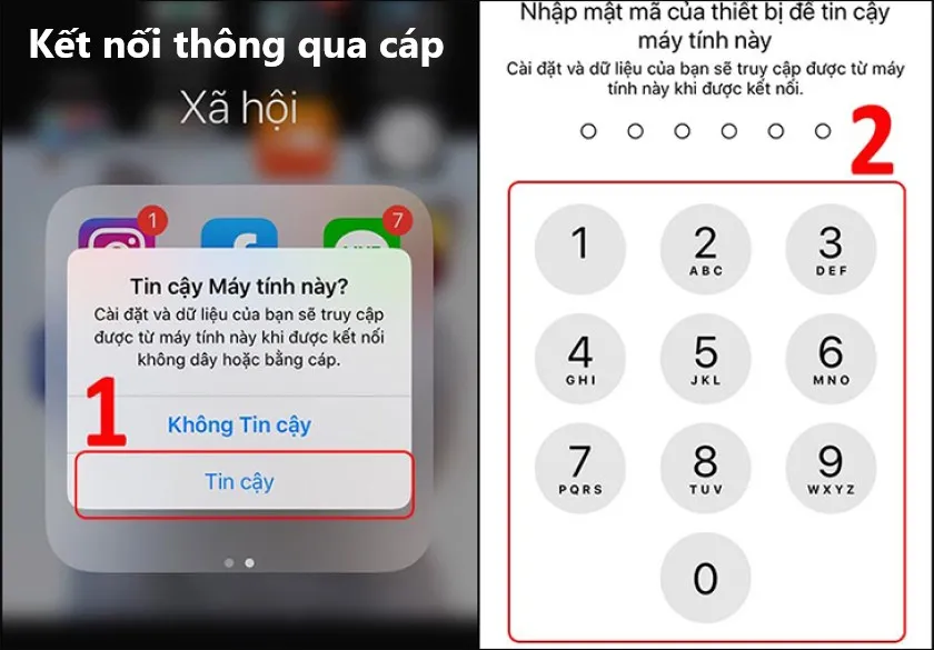 Cổng kết nối USB-C và Lightning được cắm vào iPhone và máy tính
