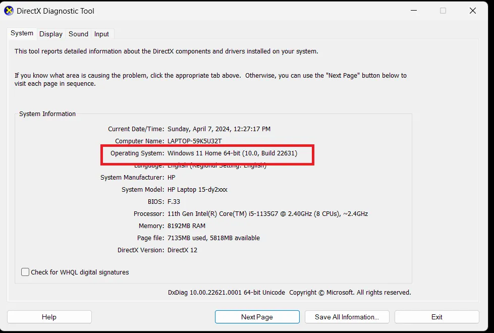 Sử dụng công cụ DxDiag để kiểm tra Operating System và các thông số khác