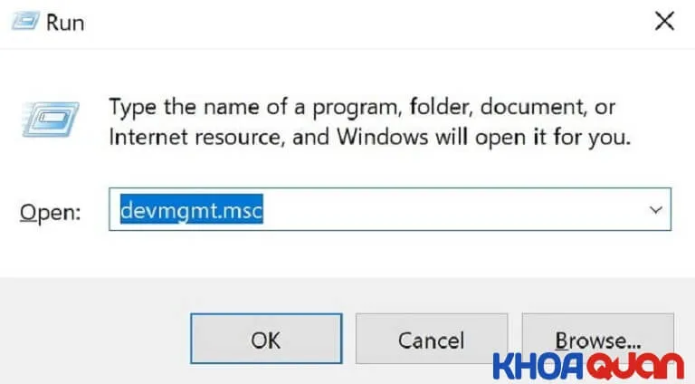 Mở Device Manager bằng lệnh devmgmt.msc qua hộp thoại Run