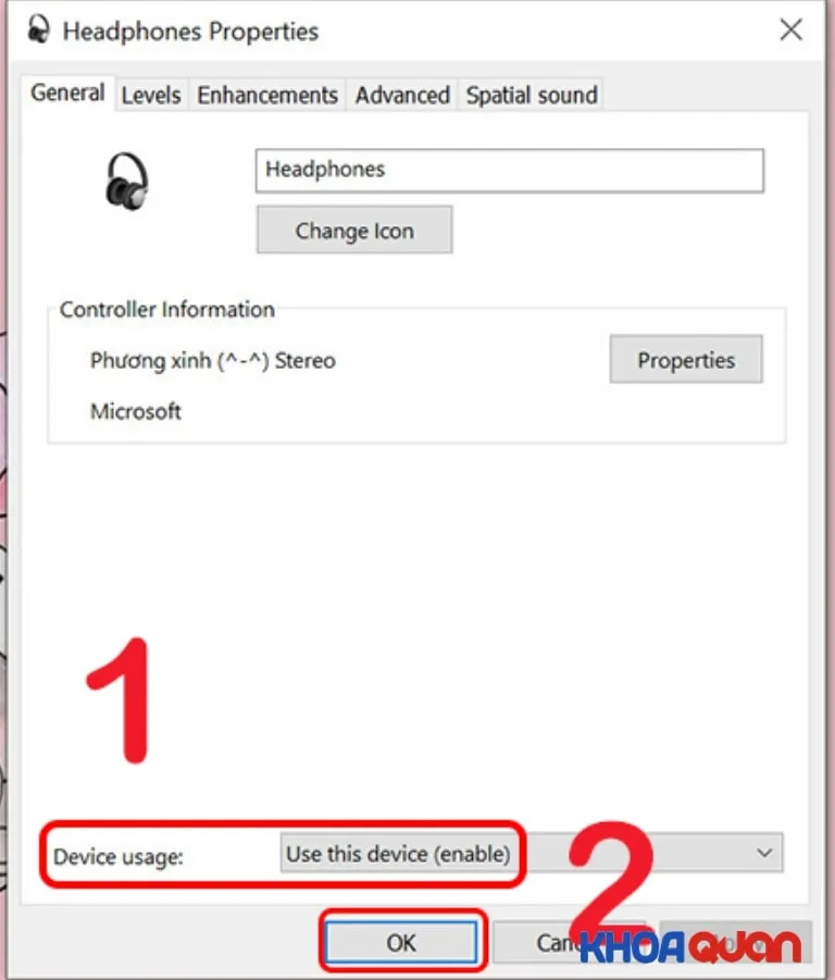 Kích hoạt tai nghe bằng cách chọn Use this device enable trong Device usage
