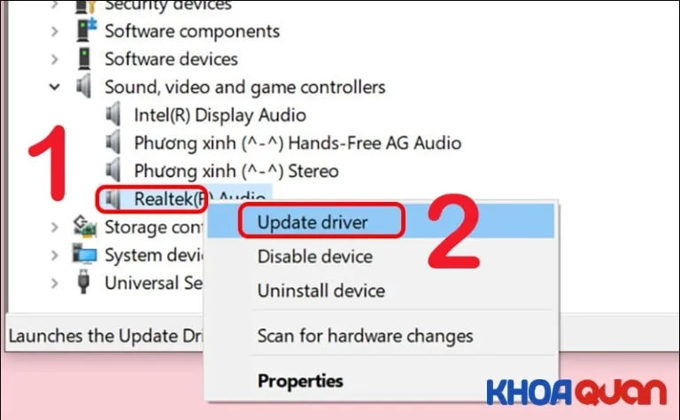 Thao tác chọn Update driver trên thiết bị Realtek R Audio trong Device Manager