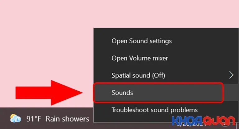Truy cập cài đặt Sound qua menu chuột phải vào biểu tượng loa trên thanh tác vụ Windows
