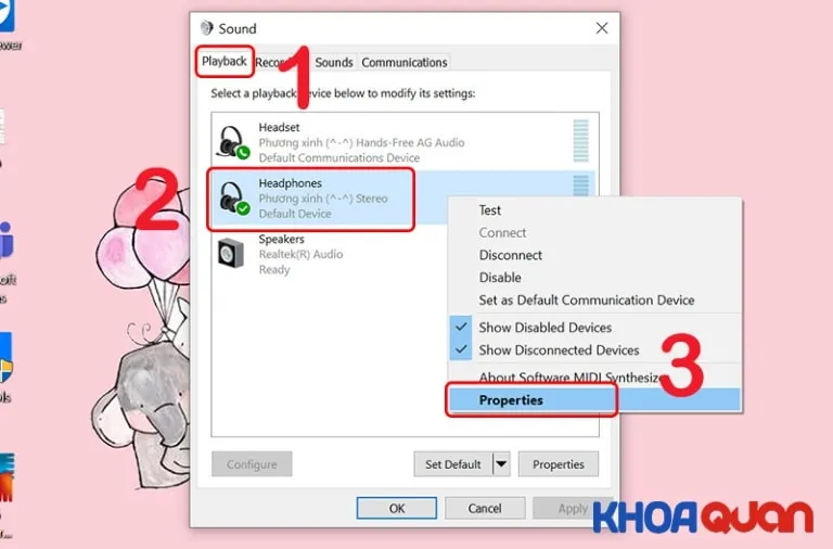 Mở cửa sổ Properties của thiết bị tai nghe (Headphones) trong tab Playback