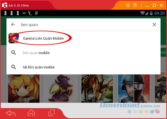 Giao diện tìm kiếm game Liên Quân Mobile trong AppStore của giả lập Android.