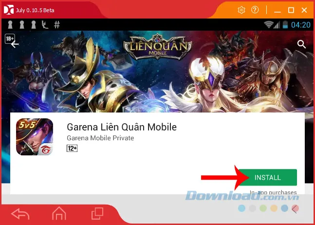 Màn hình game Liên Quân Mobile và nút Install (Cài đặt) trên giả lập.