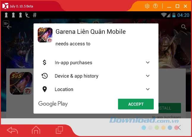 Chấp nhận các điều khoản dịch vụ (Accept) trước khi tải Liên Quân Mobile.