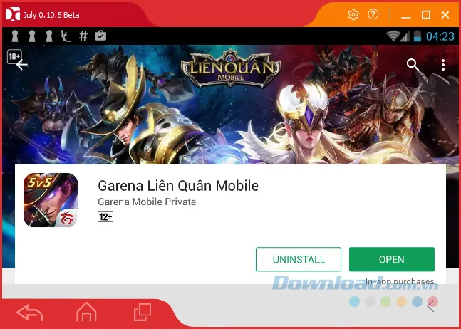 Hoàn tất cài đặt và nút Open (Mở) để khởi chạy Liên Quân Mobile trên máy tính.