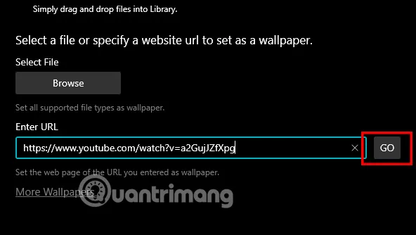 Dán URL của video YouTube vào ô nhập liệu và nhấn Go để tải video trực tuyến làm hình nền.