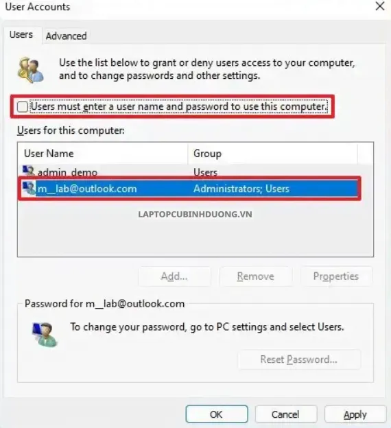 Cửa sổ xác nhận tài khoản người dùng sau khi bỏ chọn để hoàn tất quy trình gỡ bỏ mật khẩu máy tính laptop