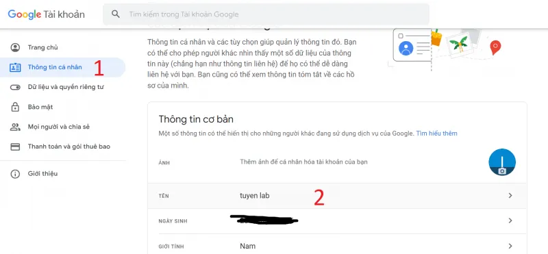 Thay đổi tên hiển thị và thông tin cá nhân trong giao diện Quản lý Tài khoản Google (Personal Information).